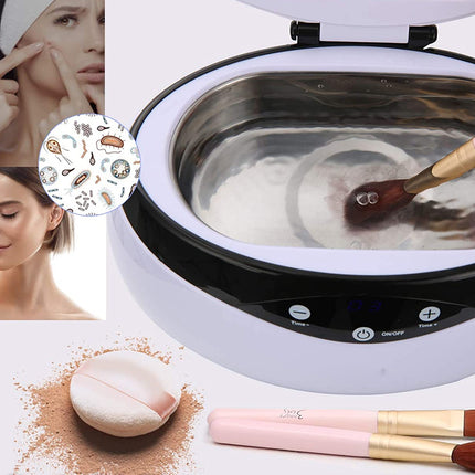 Skincare device with a woman applying cream, close-up of skin texture, and makeup brushes.