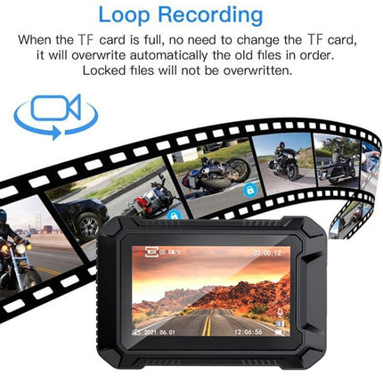 Digital camera with screen displaying a scenic view, surrounded by a film strip with motorcycle footage.