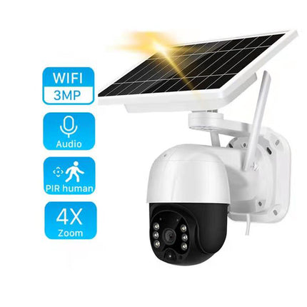 Solar-powered security camera with features highlighted on a white background