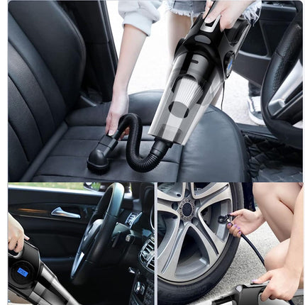 A handheld car vacuum cleaner being used inside a vehicle, shown in a three-panel collage. The top panel shows the vacuum attached to a car seat, with a person's hands and legs visible.