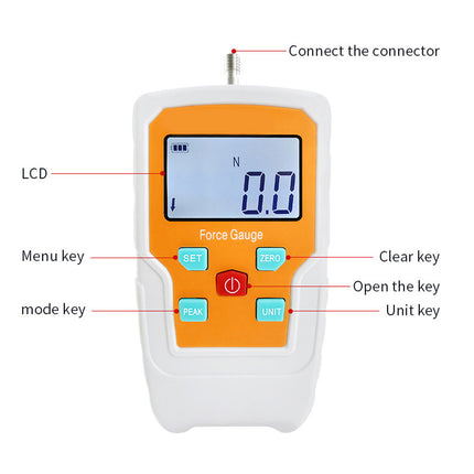 Digital force gauge with labeled buttons on a white background