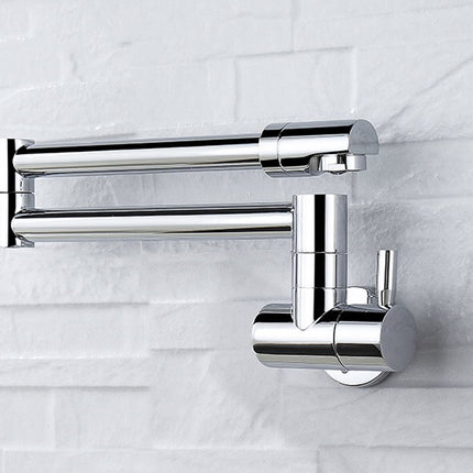 A modern wall-mounted kitchen faucet with a polished chrome finish, featuring a double spout and a single lever handle, mounted on a white textured brick wall.