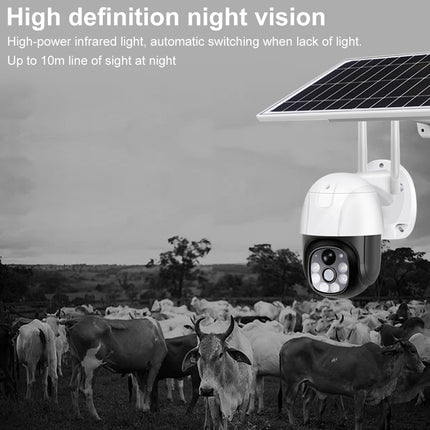 Solar security camera with night vision feature over a herd of cattle in a field.