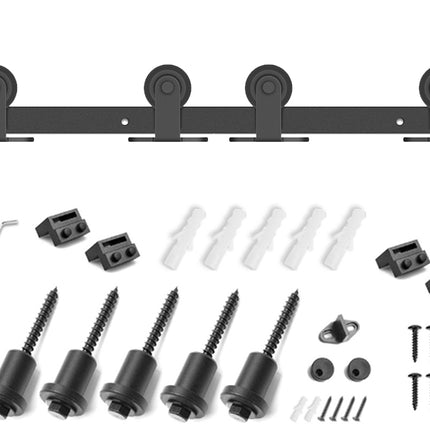 Barn door hardware kit with sliding bar, rollers, and screws on a white background
