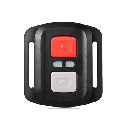 Black remote control with red and white buttons on a white background