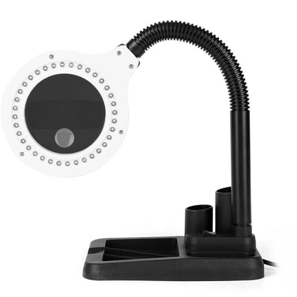 Black adjustable desk lamp with a white light bulb on a white background