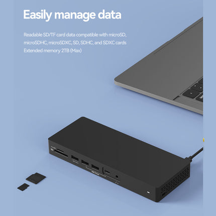 Black card reader with laptop on blue background, text about data management.