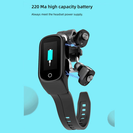 A black smartwatch with a matching black band is shown against a bright light blue background, with text at the top reading '220 Ma high capacity battery' and smaller text below. The watch is floating with a stylized charging illustration and a pair of wireless earbuds nearby.