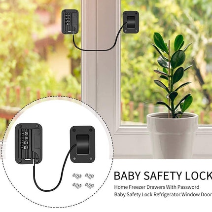 Baby safety lock system with keypad near a window with a plant.