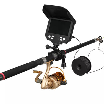 Fishing rod with reel and camera on a white background