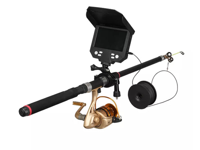 Fishing rod with reel and camera on a white background