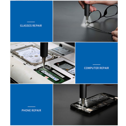 A 3x2 collage showing repair services: glasses repair, computer repair, and phone repair. The top-right panel shows hands using a precision tool on eyeglasses.