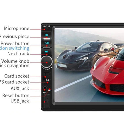 Car multimedia player with labeled buttons and screen displaying two sports cars on a road.