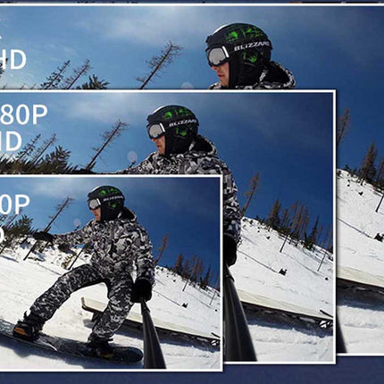 Comparison of video quality on a snowy slope with text indicating 2K UHD, 1080P FHD, and 720P HD.