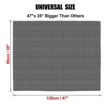 Measurement chart showing a universal size of 47" x 35" with dimensions labeled.