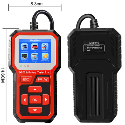 Car diagnostic tool with front and back views, showing measurements.