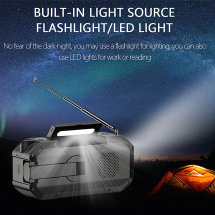 Radio with flashlight/LED light feature against a night sky background