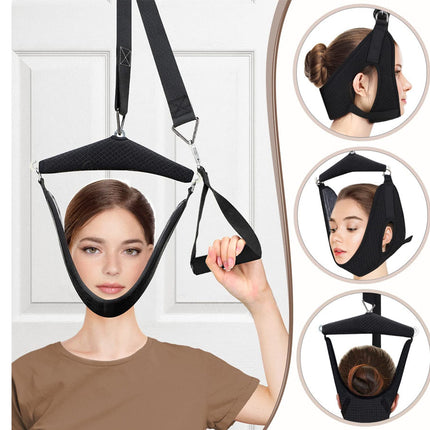 Person using a black neck traction device with close-up insets on a white background