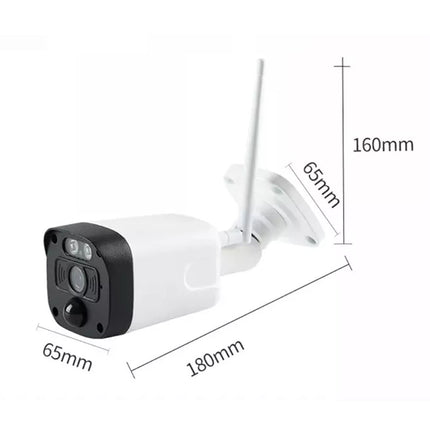 White security camera with dimensions labeled on a white background