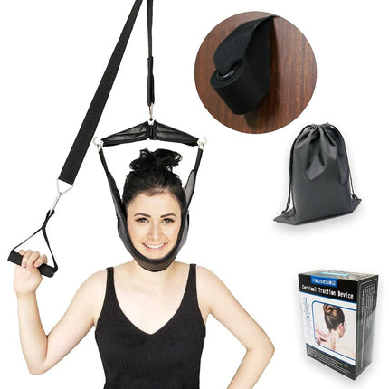 Person wearing a neck traction device with packaging and accessories on a white background