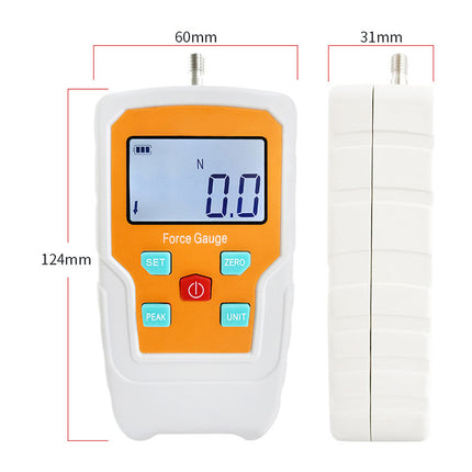 Force gauge with digital display and measurement dimensions on a white background