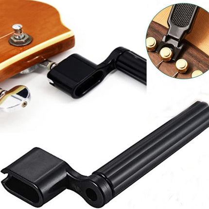 Black plastic guitar headstock truss rod cover and adjustment rod shown on a white background, with a circular inset demonstrating installation on a guitar headstock.
