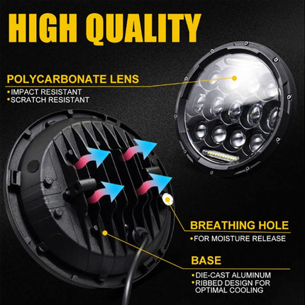 High-quality LED headlight with labeled features on a black background