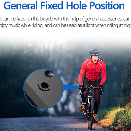 Bicycle rider on a road with a focus on a small device, likely a bike light or music player, with text about its features.