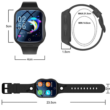Black smartwatch with measurement details on a white background
