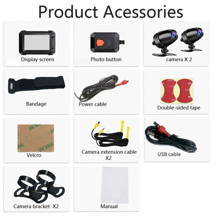 List of product accessories including display screen, photo button, camera, power cable, double-sided tape, velcro, camera extension cable, USB cable, camera bracket, and manual on a white background.