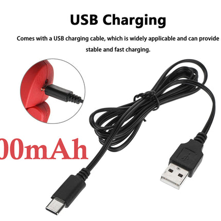 Black USB charging cable with a USB-A connector on one end and a USB-C connector on the other, shown on a white background with text reading 'USB Charging' and '2000mAh'.