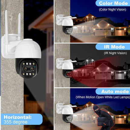 A promotional collage showing a white and black dome security camera mounted on a wall, with feature callouts for color night vision, IR night vision, auto motion-open white LED lamps, and a 355-degree horizontal angle.
