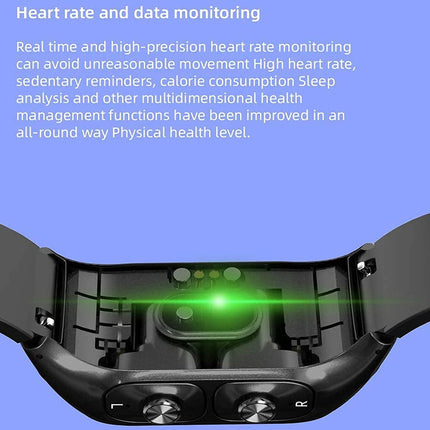 A wearable health device with a black outer frame and glowing green interior light, shown on a light blue background with descriptive text about heart rate and data monitoring.