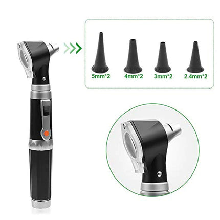 A black and silver otoscope-style medical tool shown on a white background, with an inset showing four interchangeable black cone-shaped tips labeled 5mm, 4mm, 3mm, and 2.4mm, plus a circular close-up of the tip attachment.