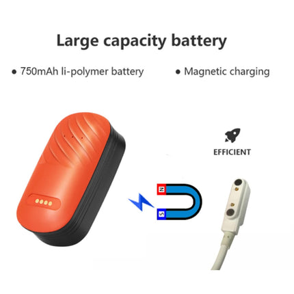Orange battery pack with text about large capacity, 750mAh li-polymer battery, and magnetic charging on a white background.