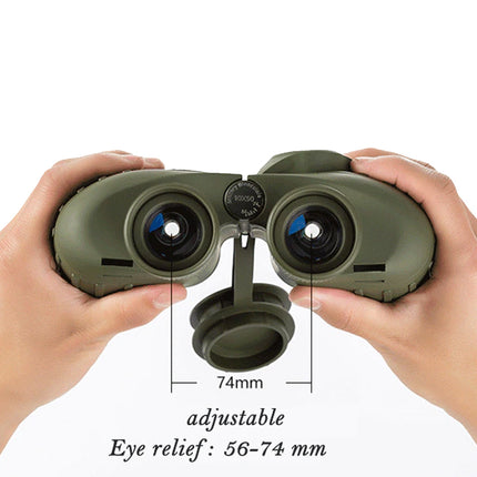 Green binoculars held by hands with measurement details on a white background