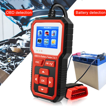 Car diagnostic tool with OBD detection and battery detection features, displayed with a car engine and battery in the background.