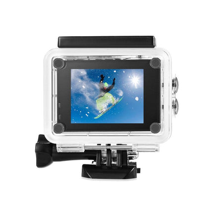 Action camera with screen displaying a snowboarder in mid-air against a blue sky.