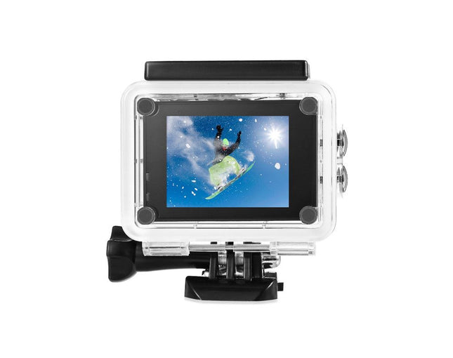 Action camera with screen displaying a snowboarder in mid-air against a blue sky.
