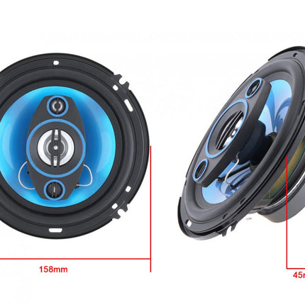 Two car speakers with dimensions indicated on a white background