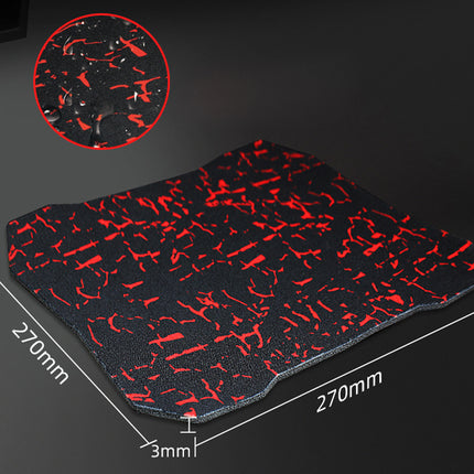 Black and red textured mouse pad with measurements and close-up detail on a dark background