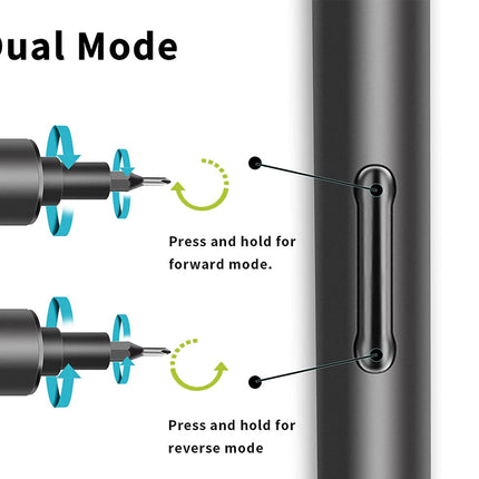 Instruction graphic showing a dual-mode pen or stylus being pressed and held to switch between forward and reverse modes, with arrows and text on a white background.