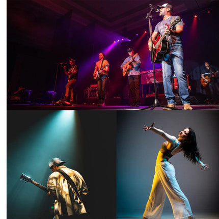 Collage of musicians on stage with a close-up of a dancer in a yellow top and blue pants.