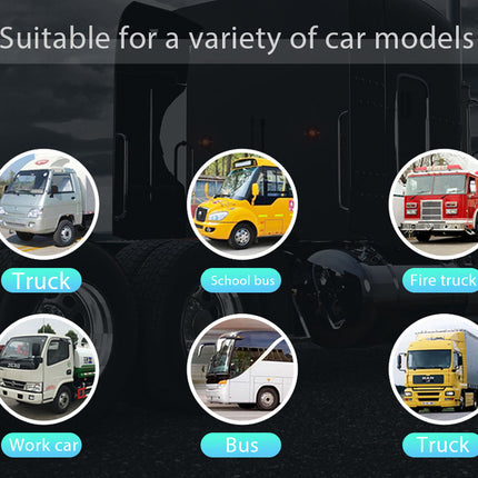 Illustrations of various car models including truck, school bus, fire truck, work car, and bus on a dark background.