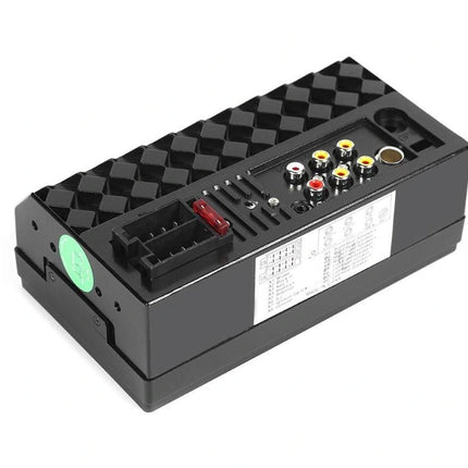 Black electronic module with various connectors and a green button on a white background