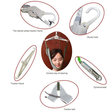 Collage of neck traction device components with a central image of a person wearing it.
