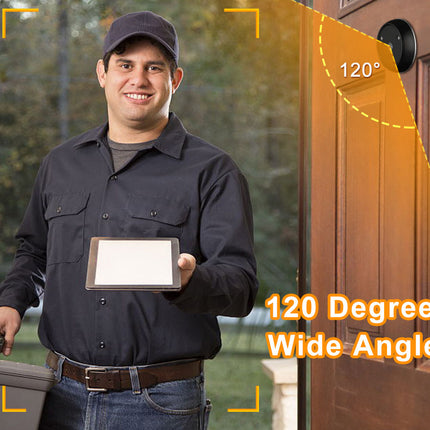 A man in a black uniform stands in front of a brown door holding a tablet, with graphic overlays showing a 120-degree wide-angle view and a black door camera mounted on the door.