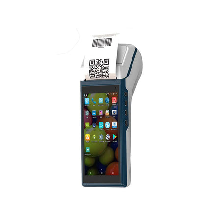 Portable device with a screen displaying app icons and a QR code scanner on a white background
