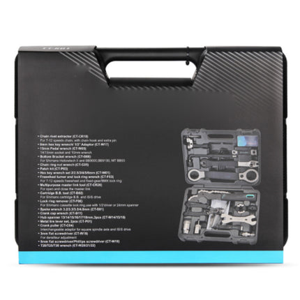 Tool kit with tools inside on a black carrying case against a white background