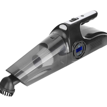 A handheld car vacuum cleaner with a transparent dust bin, black body, and a small blue digital display screen, shown with a nozzle attachment on a plain white background.